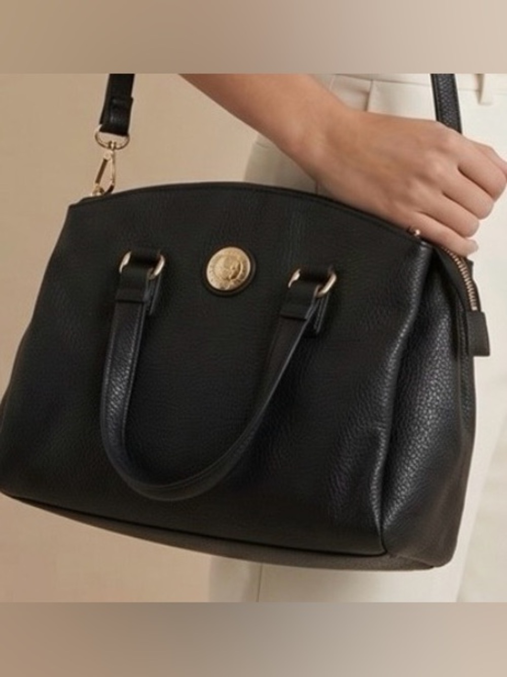 Tommy Hilfiger Black Pebbled Vegan Leather Handbag Gold Accents